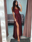 Sexy Burgundy Spaghetti Straps Lace Side-slit A-line Cheap Long Prom Dresses, PD0857