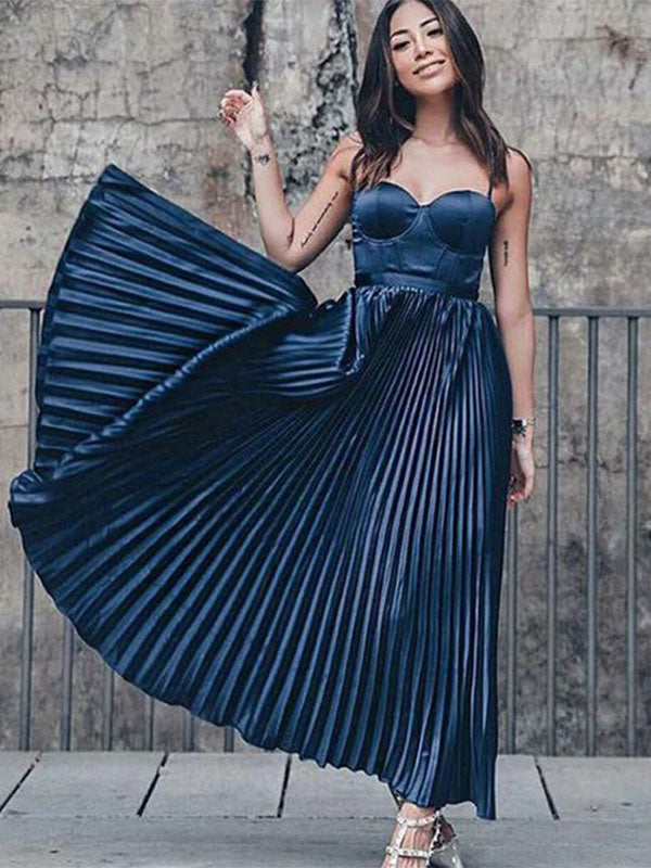 A-Line Sweetheart Spaghetti Straps Pleated Navy Blue Satin Prom Party Dresses, PD0950