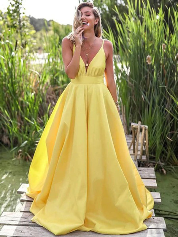 Light Pastel Yellow Sexy Spaghetti Straps V-neck Long Empire Prom Dres SposaBridal Light Pastel Yellow Sexy Spaghetti Straps V-neck Long Empire Prom Dres SposaBridal