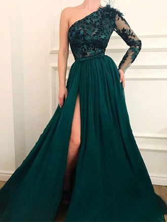 Emerald Green One Shoulder Lace Side-slit A-line Long Prom Dresses, PD1017