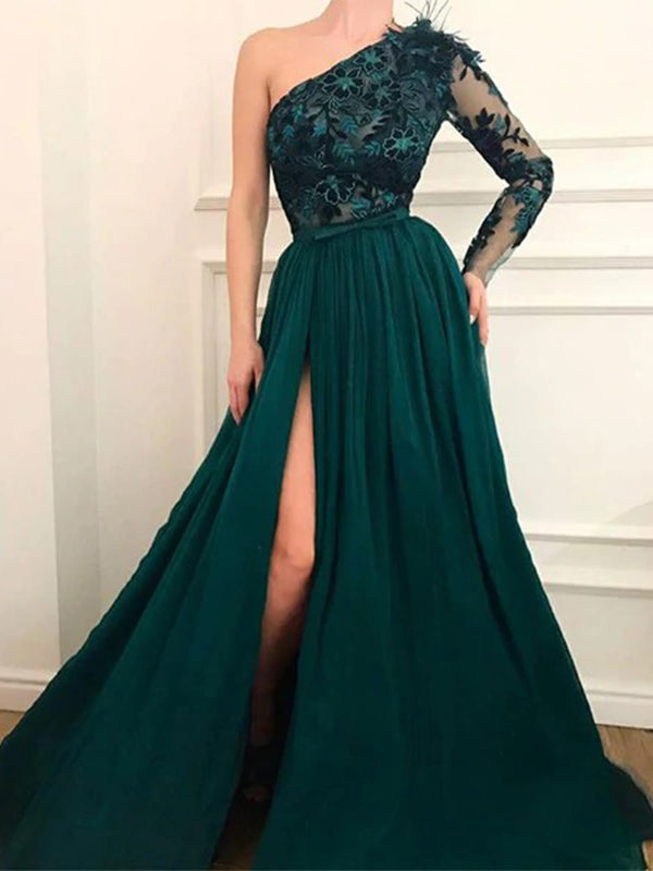 Emerald Green One Shoulder Lace Side-slit A-line Long Prom Dresses, PD SposaBridal Emerald Green One Shoulder Lace Side-slit A-line Long Prom Dresses, PD SposaBridal