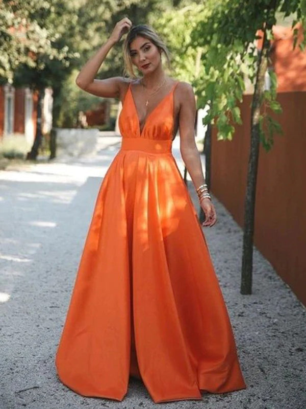 Orange Charming Cheap Modest Spaghetti Strap Pretty Long Prom Dresses, SposaBridal Orange Charming Cheap Modest Spaghetti Strap Pretty Long Prom Dresses, SposaBridal