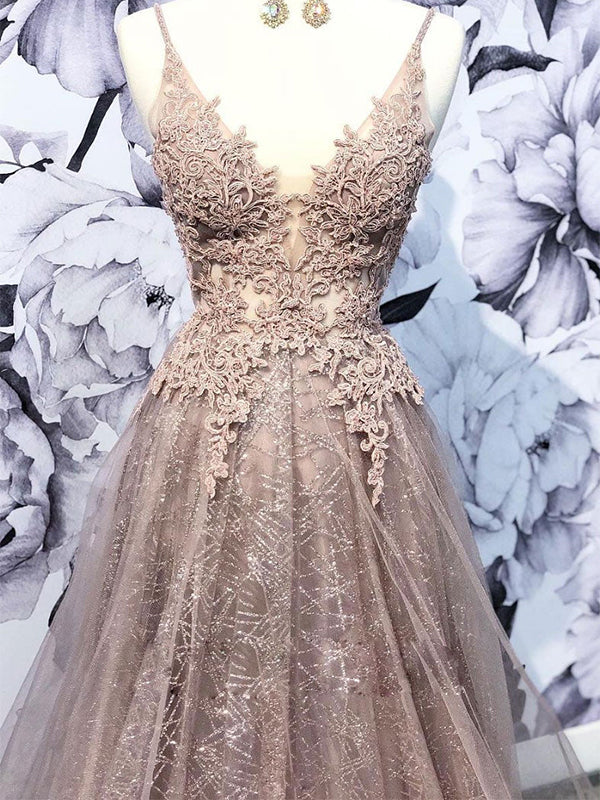 Spaghetti Straps Lace A line V Neck Long Elegant Formal Pretty Prom Dresses, PD1317