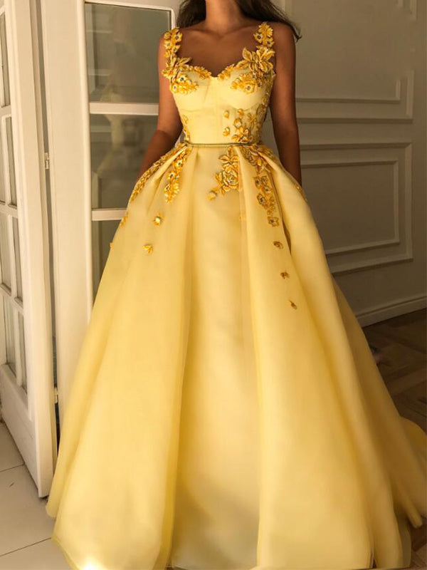 Elegant Baby Yellow A-line Floral Long Prom Dress, Ball Gown, PD1420 SposaBridal Elegant Baby Yellow A-line Floral Long Prom Dress, Ball Gown, PD1420 SposaBridal