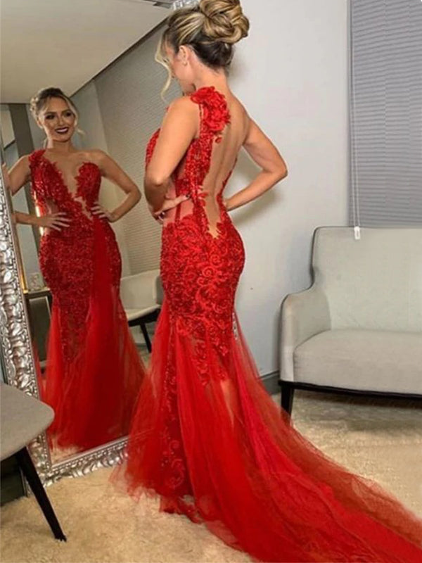 Red Lace Uniqe Design Open Back Elegant Formal Mermaid Long Prom Dress SposaBridal Red Lace Uniqe Design Open Back Elegant Formal Mermaid Long Prom Dress SposaBridal