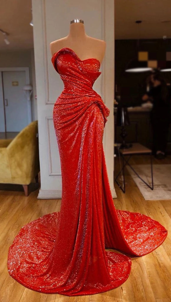 Cheap Newest Sparkly Red Sequin Unique Mermaid Modest Fashion Long Prom Dresses PD1582