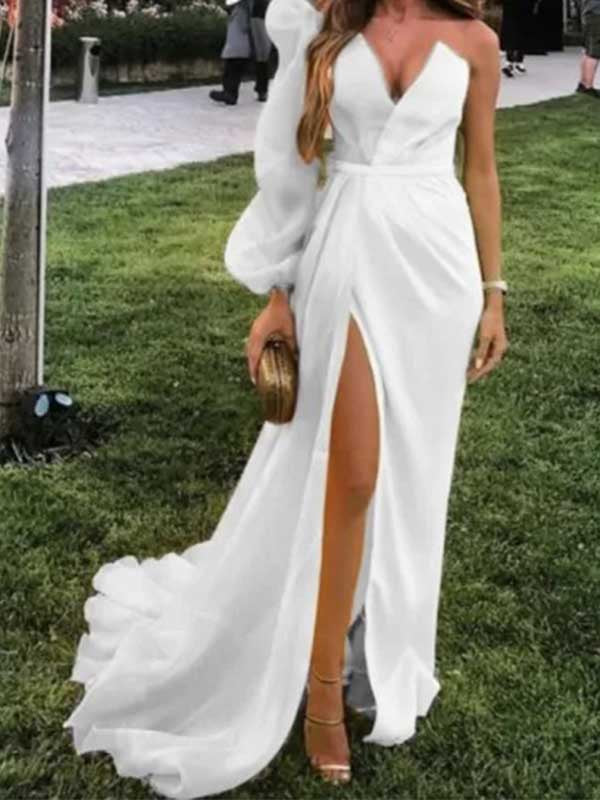 Sexy V-neck Unique Formal Single Multiple Colors Sleeve Long Prom Dresses PD1652