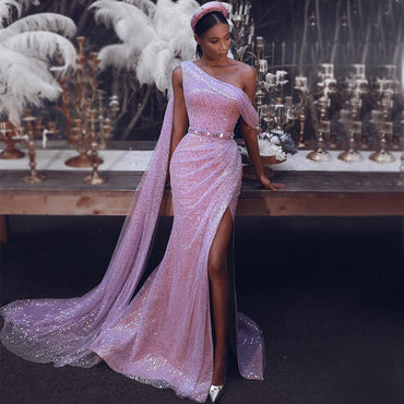 Sparkly Pink One Shoulder Sequin Mermaid Side Slit  Long Prom Dresses PD1664