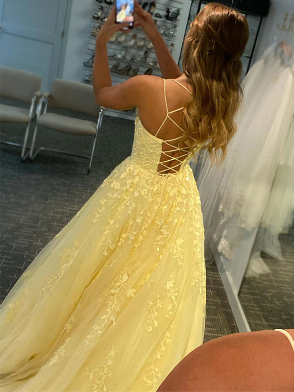 A-line Spaghetti Straps Yellow Lace Formal Long Modest New Prom Dresses, PD1742