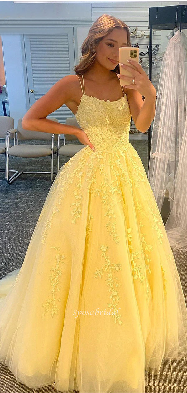 A-line Spaghetti Straps Yellow Lace Formal Long Modest New Prom Dresse SposaBridal A-line Spaghetti Straps Yellow Lace Formal Long Modest New Prom Dresse SposaBridal
