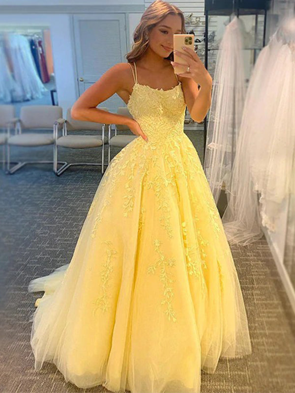 A-line Spaghetti Straps Yellow Lace Formal Long Modest New Prom Dresse SposaBridal A-line Spaghetti Straps Yellow Lace Formal Long Modest New Prom Dresse SposaBridal