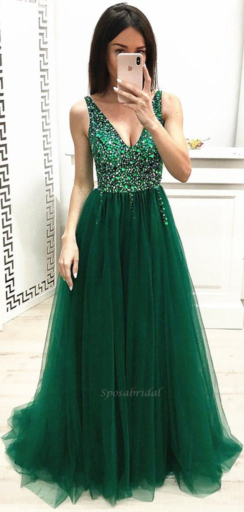 Charming A-line V-Neck Tulle Sequin Sparkly Elegant Prom Dresses, PD1778