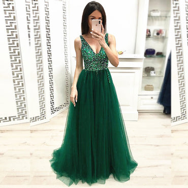 Charming A-line V-Neck Tulle Sequin Sparkly Elegant Prom Dresses, PD1778