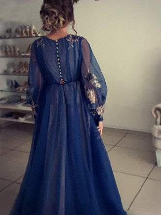 Long Sleeves New Arrival Tulle Long Modest Blue Prom Dresses with Appliques, Prom dress PD1889