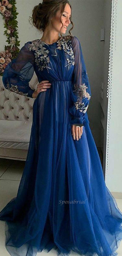 Long Sleeves New Arrival Tulle Long Modest Blue Prom Dresses with Appliques, Prom dress PD1889