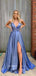 A-line V-Neck Blue Sequin Side Slit Simple Cheap Prom Dresses, Evening Dress PD2030