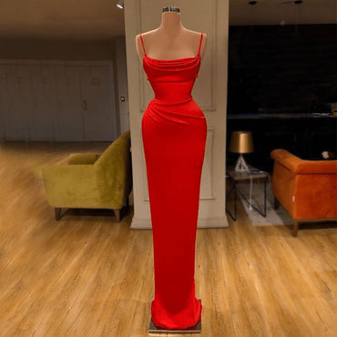 Red Mermaid Tight Spaghetti Straps Satin Simple Modest Prom Dresses PD2086