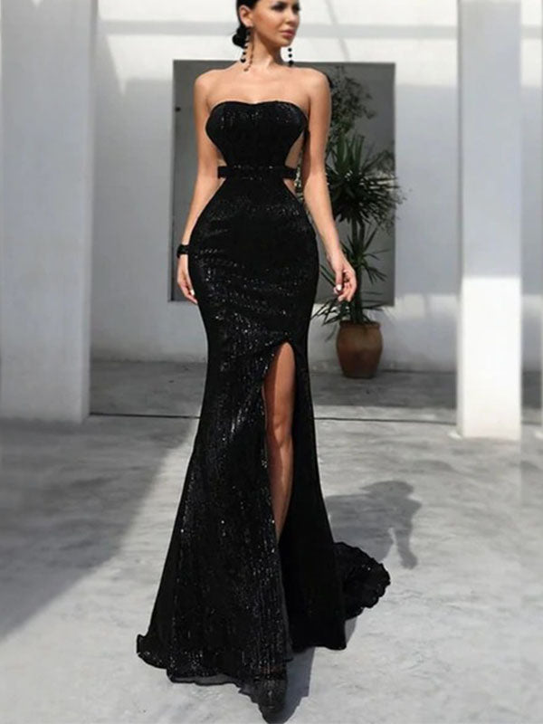 Sparkly Sexy Black Strapless Open Back Mermaid Side-slit Long Prom