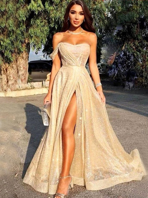Champagne Gold A-Line Cheap Sequin Elegant Formal Long Prom Dresses, P –  SposaBridal