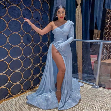 Blue One Shoulder High Slit Stunning Fashion Prom Dresses, Party Gown PD2302