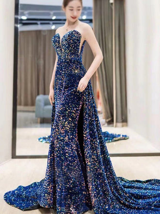 Sexy Strapless Sparkly Sweetheart Mermaid Sequin Long With Tail Prom Dress, PD2361