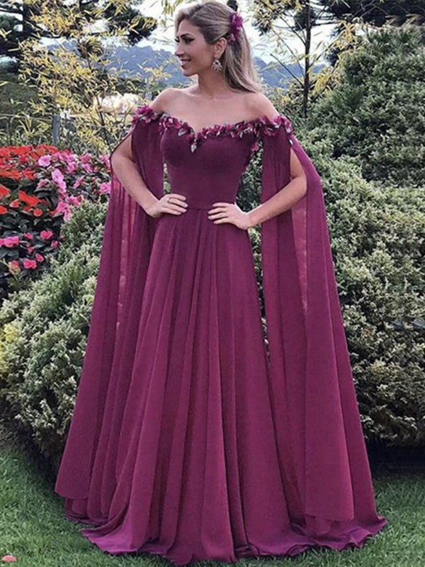 Elegant Mulberry Purple Off-shoulder Long Flowy Sleeve A-line Prom Dre SposaBridal Elegant Mulberry Purple Off-shoulder Long Flowy Sleeve A-line Prom Dre SposaBridal