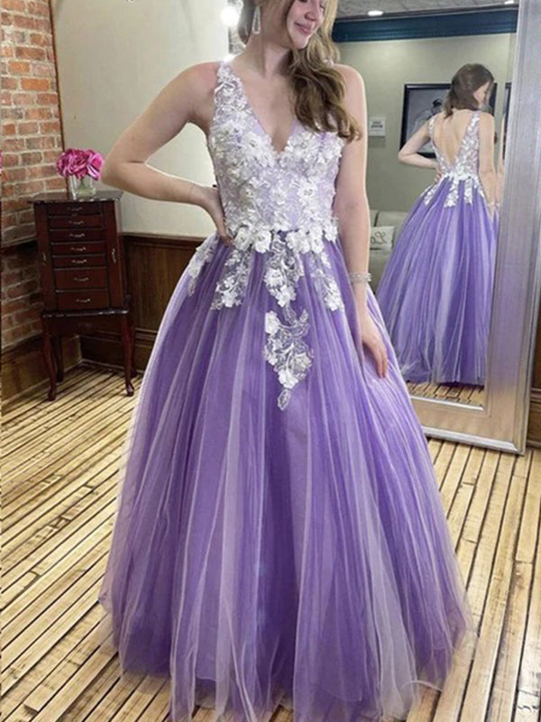 Elegant Lilac Lavender Lace Floral V-neck Backless A-line Long Prom Dr SposaBridal Elegant Lilac Lavender Lace Floral V-neck Backless A-line Long Prom Dr SposaBridal