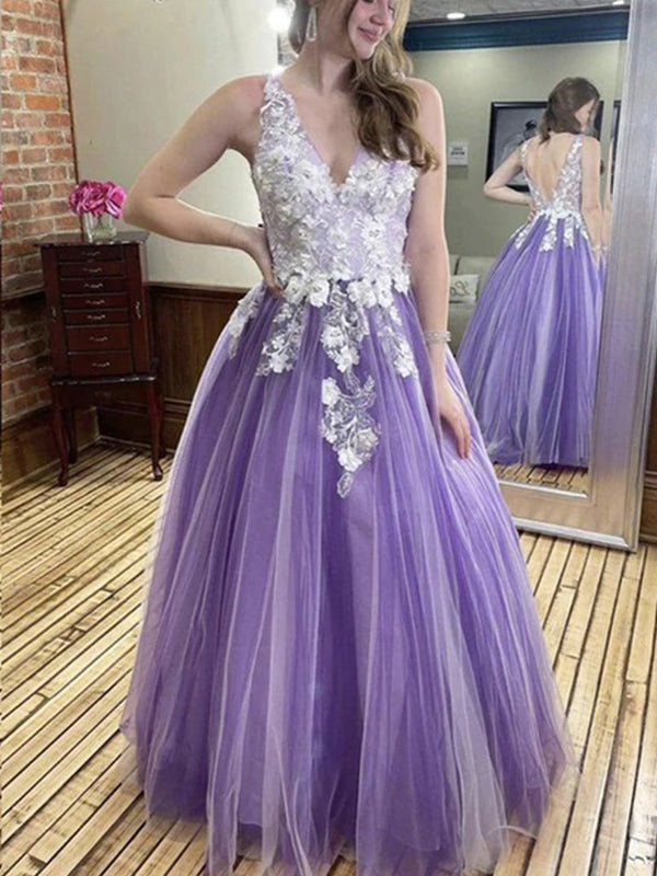 Elegant Lilac Lavender Lace Floral V-neck Backless A-line Long Prom Dr –  SposaBridal
