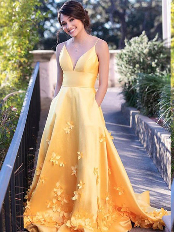 Chic Bright Yellow V-neck Spaghetti Floral Backless A-line Long Prom D SposaBridal Chic Bright Yellow V-neck Spaghetti Floral Backless A-line Long Prom D SposaBridal