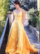 Chic Bright Yellow V-neck Spaghetti Floral Backless A-line Long Prom Dress, PD3139