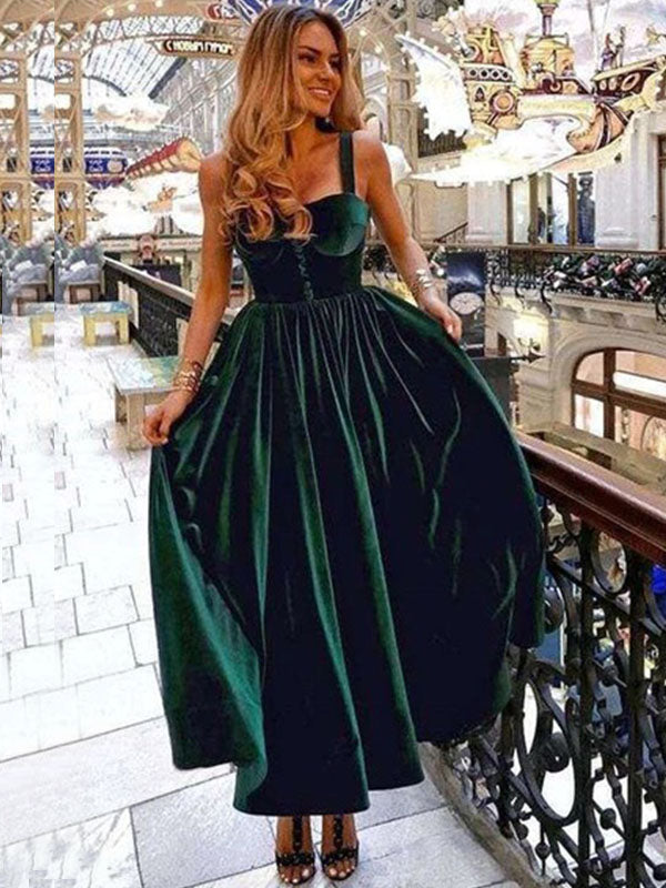 Emerald Green Spaghetti Strap Sweetheart A-line Mid-length Prom Dress, SposaBridal Emerald Green Spaghetti Strap Sweetheart A-line Mid-length Prom Dress, SposaBridal
