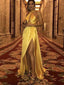 Sexy Gold Halter Cross Backless Side-slit Long Prom Dress, Evening Dress, PD3150