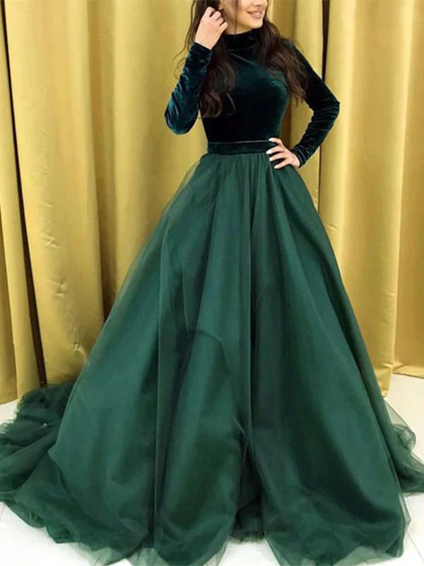 Emerald Green Turtle Neck Long Sleeve A-line Long Prom Dress, PD3163 SposaBridal Emerald Green Turtle Neck Long Sleeve A-line Long Prom Dress, PD3163 SposaBridal