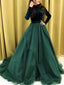 Emerald Green Turtle Neck Long Sleeve A-line Long Prom Dress, PD3163