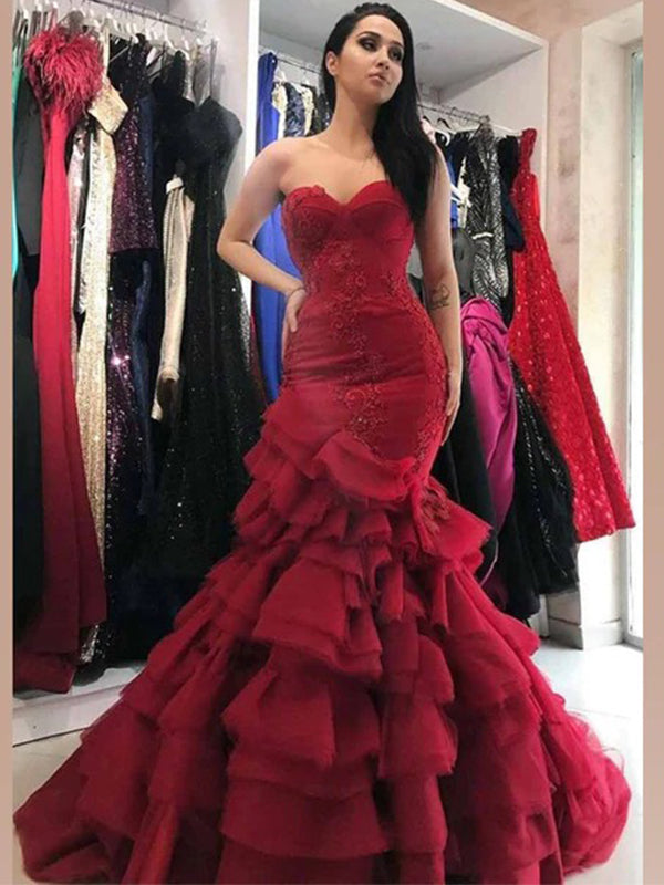 Sexy Red Sweetheart Strapless Mermaid Long Ruffle Pleats Long Prom Dre SposaBridal Sexy Red Sweetheart Strapless Mermaid Long Ruffle Pleats Long Prom Dre SposaBridal