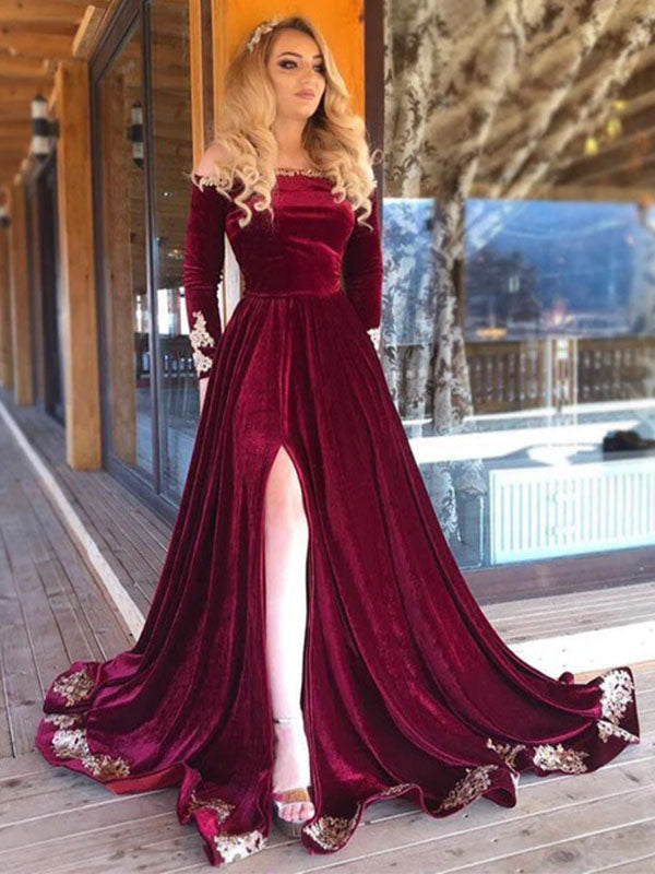 Elegant Burgundy Velvet Off-shoulder Long Sleeves Appliques Side-slit SposaBridal Elegant Burgundy Velvet Off-shoulder Long Sleeves Appliques Side-slit SposaBridal