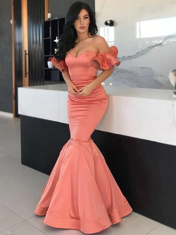 Sexy Coral Pink Sweetheart Off-shoulder Mermaid Trumpet Long Prom Dress, PD3178