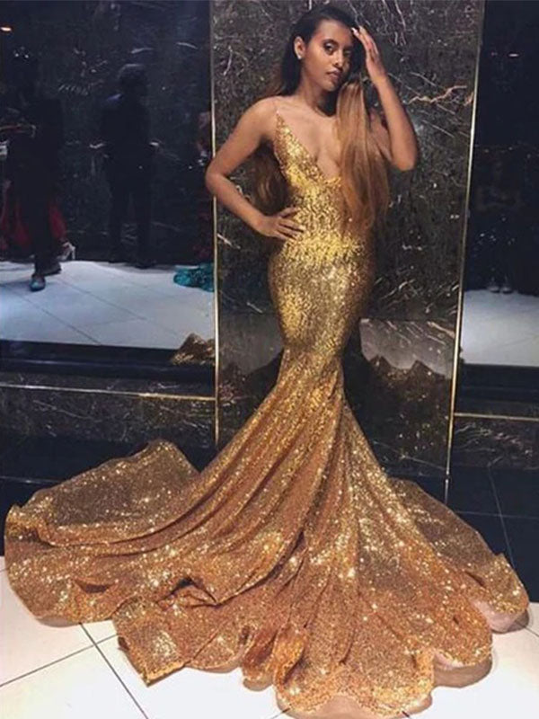 Sexy Sparkly Gold Spaghetti Strap Deep V-neck Mermaid Trumpet Long Pro SposaBridal Sexy Sparkly Gold Spaghetti Strap Deep V-neck Mermaid Trumpet Long Pro SposaBridal