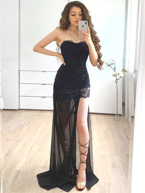 Sexy Black Strapless Slit Prom Evening Dress