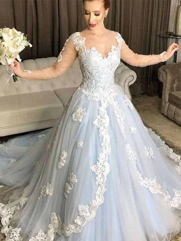 Luxury Ice Blue Lace Long Sleeves A-line Long Prom Dress, Gown Dress, PD3184