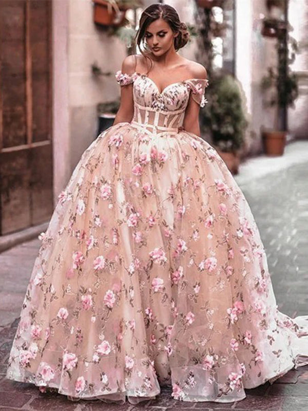 Elegant Floral Blush Pink Off-shoulder Sweetheart A-line Long Prom Dre SposaBridal Elegant Floral Blush Pink Off-shoulder Sweetheart A-line Long Prom Dre SposaBridal