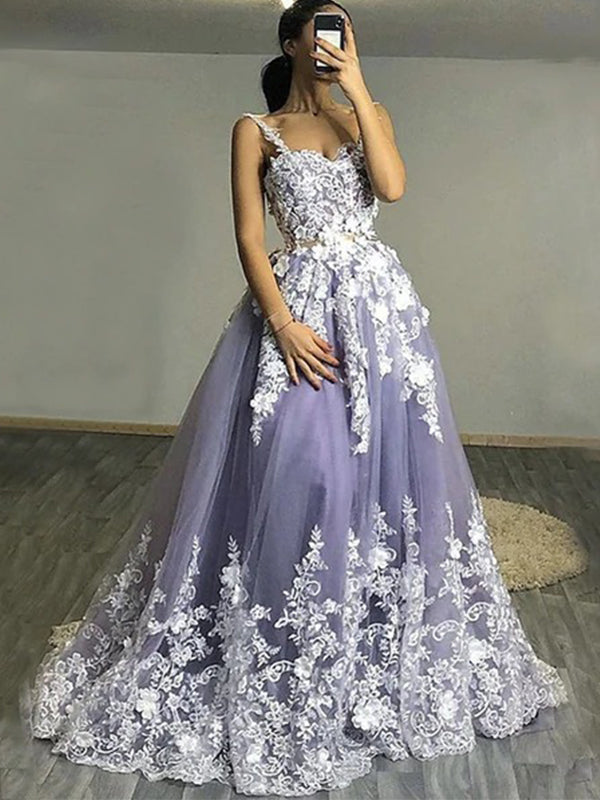 Lavender Spaghetti Strap Floral Lace A-line Long Prom Dress, PD3190