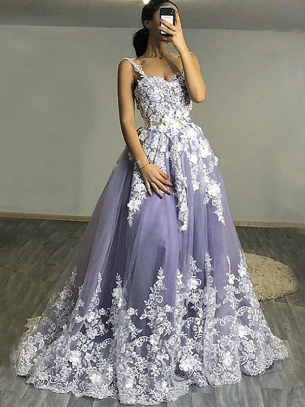 Lavender Spaghetti Strap Floral Lace A-line Long Prom Dress, PD3190 SposaBridal Lavender Spaghetti Strap Floral Lace A-line Long Prom Dress, PD3190 SposaBridal