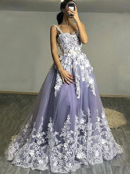 lavender purple prom dress Lavender Spaghetti Strap Floral Lace A-line Long Prom Dress, PD3190 –  SposaBridal