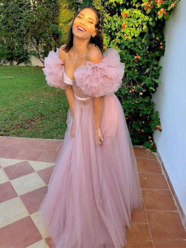 Sexy Dusty Pink Ruffle Off-shoulder Sweetheart A-line Long Prom Dress, SposaBridal Sexy Dusty Pink Ruffle Off-shoulder Sweetheart A-line Long Prom Dress, SposaBridal