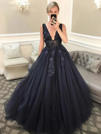 Modest Dark Navy Blue V-neck Lace Top A-line Long Prom Dress, Ball Gown, PD3200