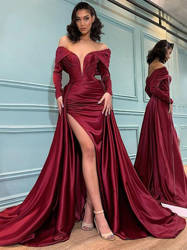 Elegant Burgundy V-neck Off-shoulder Side-slit Detachable Mermaid Long SposaBridal Elegant Burgundy V-neck Off-shoulder Side-slit Detachable Mermaid Long SposaBridal