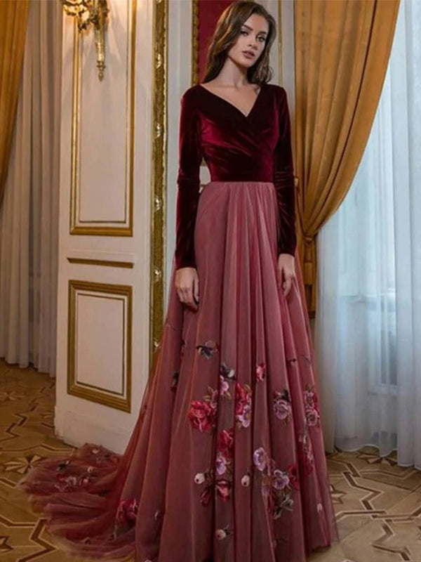 Burgundy Velvet Top V-neck A-line Floral Train Long Prom Dress, PD3210 SposaBridal Burgundy Velvet Top V-neck A-line Floral Train Long Prom Dress, PD3210 SposaBridal