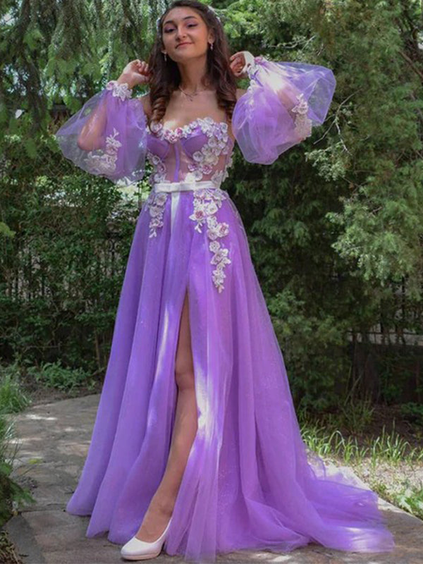 Lilac Floral Corset Top Off-shoulder Long Sleeves Side-slit A-line Lon SposaBridal Lilac Floral Corset Top Off-shoulder Long Sleeves Side-slit A-line Lon SposaBridal