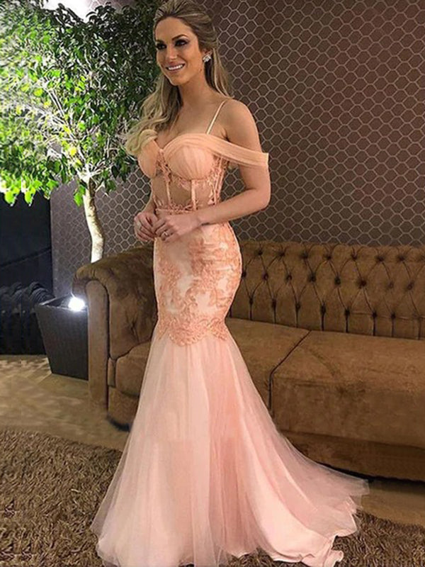 Sexy Blush Pink Off-shoulder Corset Top Mermaid Lace Long Prom